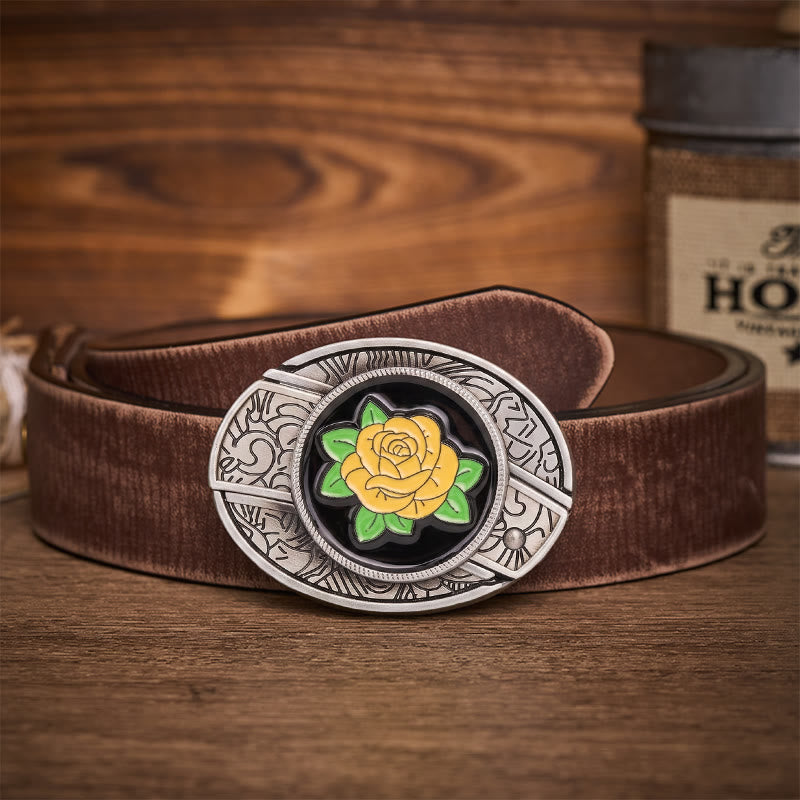 Friendship Yellow Rose Western Hidden Folding Knife Buckle Leather Belt - Yellow Rose - Brown Distressed Belt - 42 - image 5