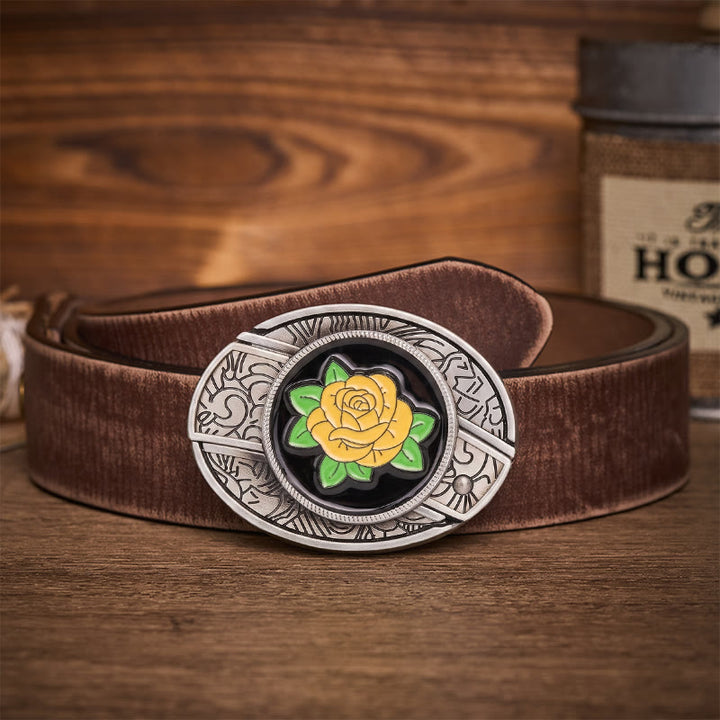 Friendship Yellow Rose Western Hidden Folding Knife Buckle Leather Belt - Yellow Rose - Brown Distressed Belt - 42 - image 5