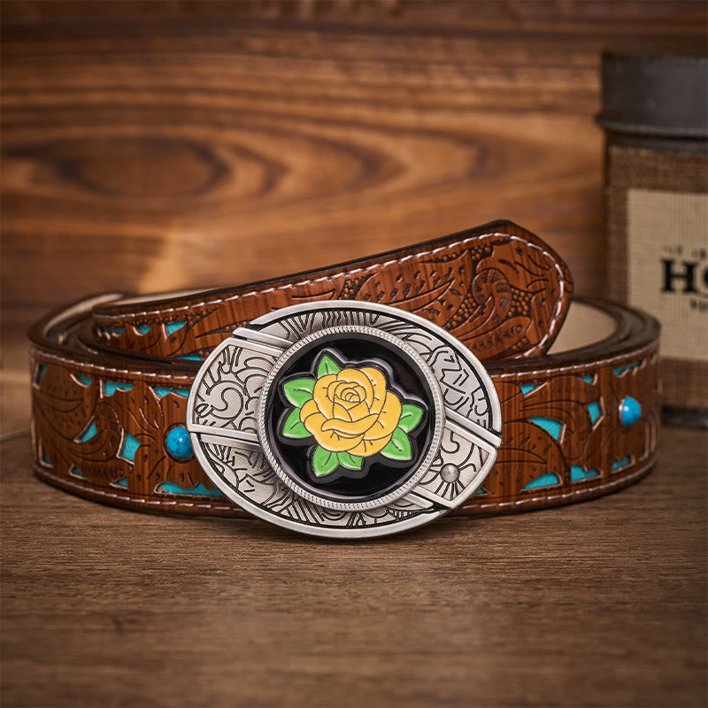 Friendship Yellow Rose Western Hidden Folding Knife Buckle Leather Belt - Yellow Rose - Turquoise Carved Belt - 42 - image 3