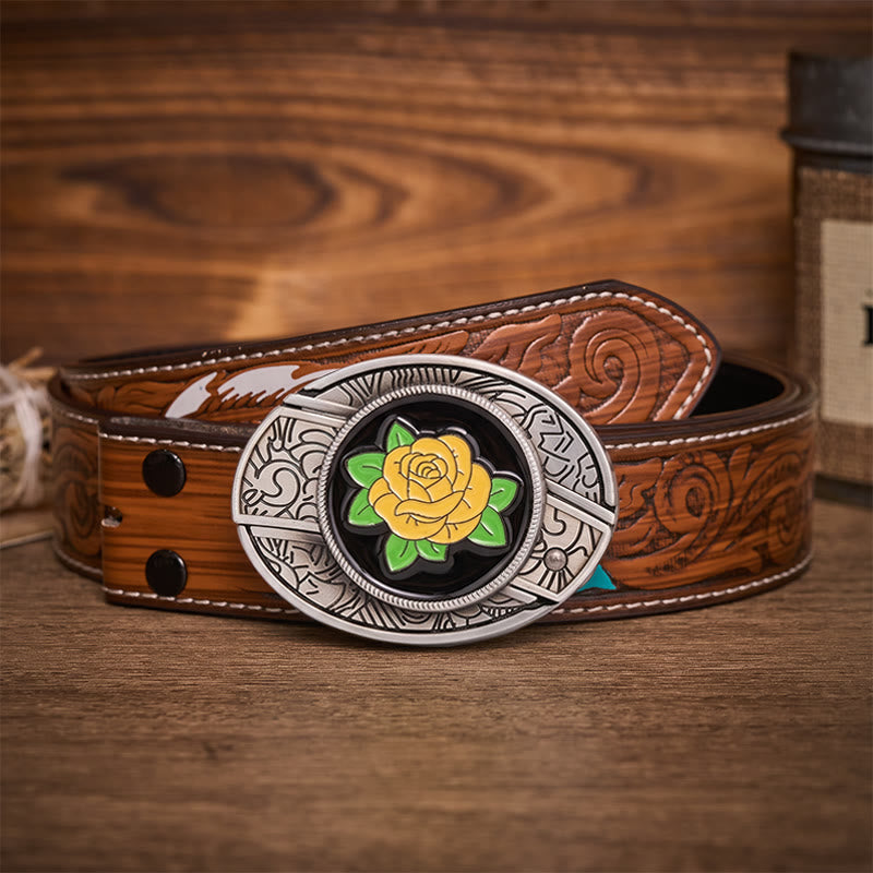 Friendship Yellow Rose Western Hidden Folding Knife Buckle Leather Belt - Yellow Rose - Brown Feather Belt - 40 - image 7