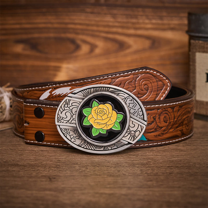 Friendship Yellow Rose Western Hidden Folding Knife Buckle Leather Belt - Yellow Rose - Brown Feather Belt - 40 - image 7