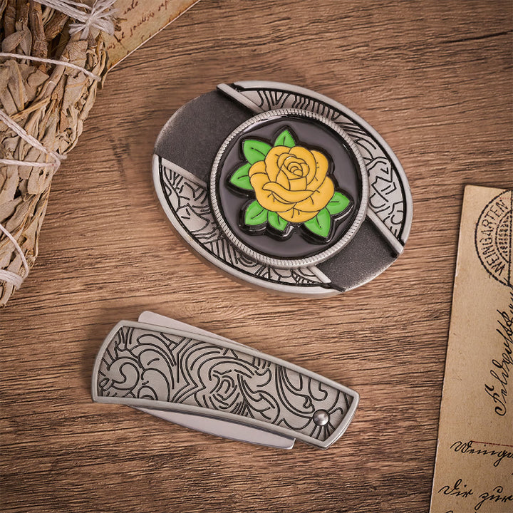 Friendship Yellow Rose Western Hidden Folding Knife Buckle Leather Belt - image 9