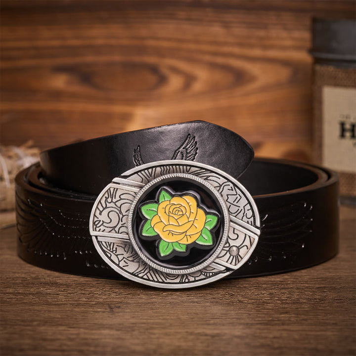 Friendship Yellow Rose Western Hidden Folding Knife Buckle Leather Belt - Yellow Rose - Black Embossed Eagle Belt - 42 - image 2