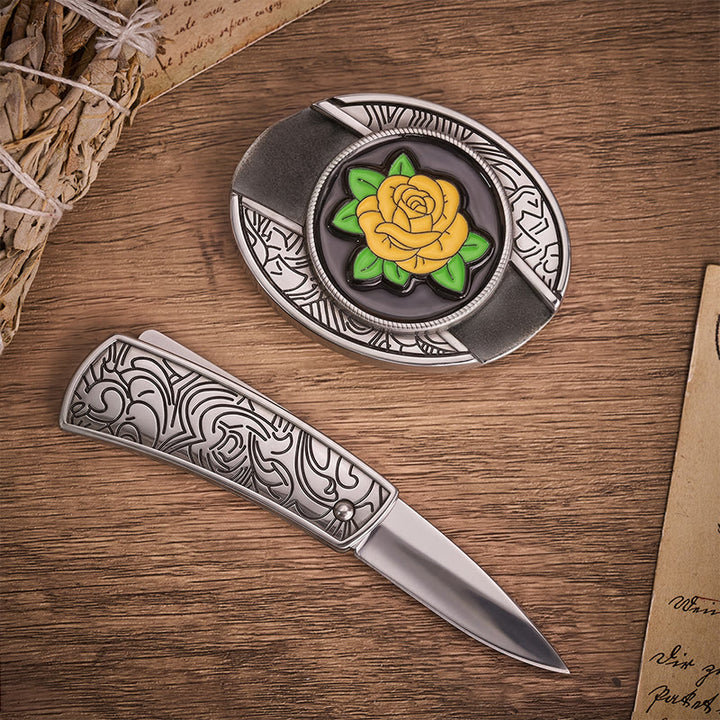 Friendship Yellow Rose Western Hidden Folding Knife Buckle Leather Belt - image 1