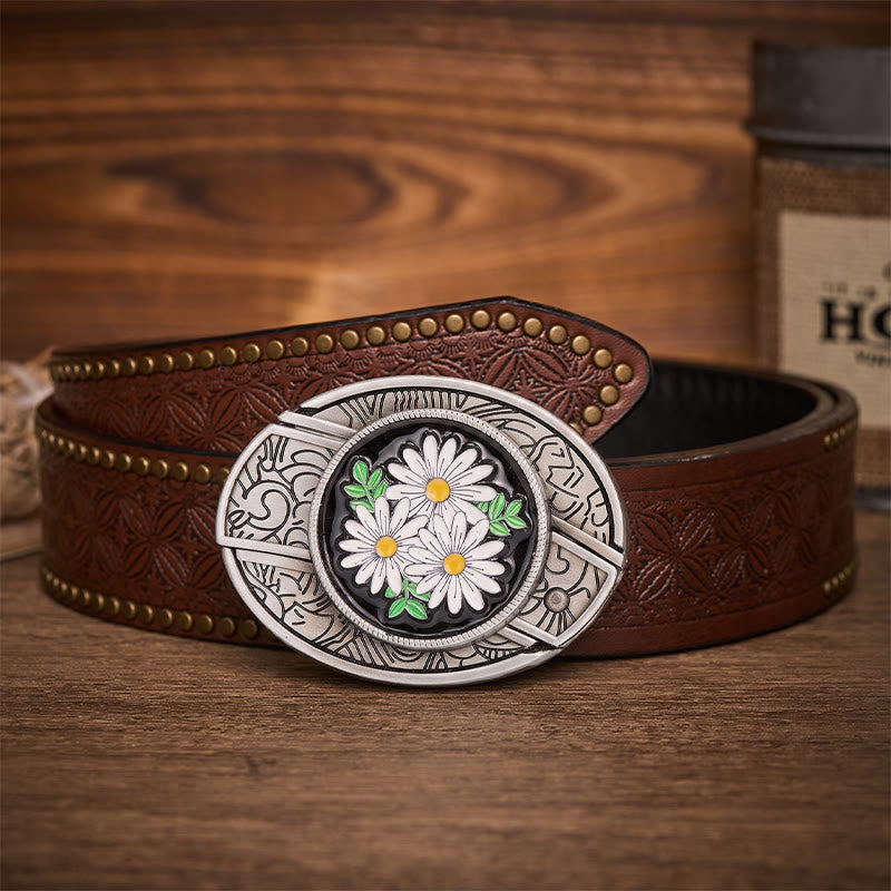 White Daisy Daydream Hidden Folding Knife Buckle Leather Belt - White Daisy - Brown Rivet Belt - 42 - image 4