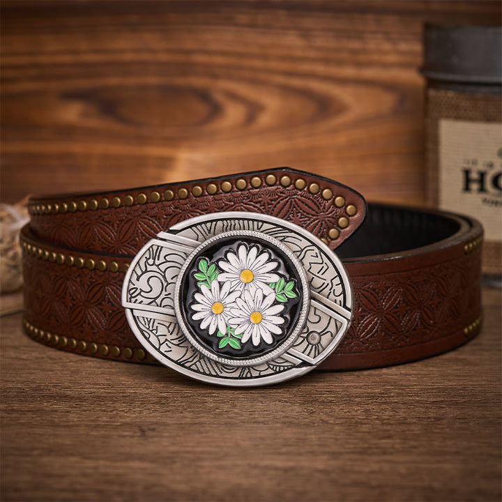 White Daisy Daydream Hidden Folding Knife Buckle Leather Belt - White Daisy - Brown Rivet Belt - 42 - image 4