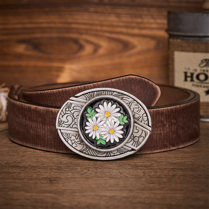 White Daisy Daydream Hidden Folding Knife Buckle Leather Belt - White Daisy - Brown Distressed Belt - 42 - image 5