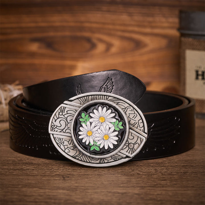 White Daisy Daydream Hidden Folding Knife Buckle Leather Belt - White Daisy - Black Embossed Eagle Belt - 42 - image 2