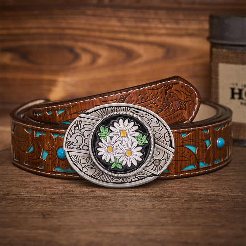 White Daisy Daydream Hidden Folding Knife Buckle Leather Belt - White Daisy - Turquoise Carved Belt - 42 - image 3