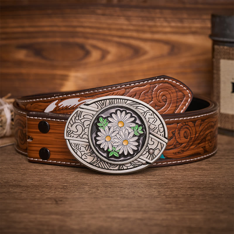 White Daisy Daydream Hidden Folding Knife Buckle Leather Belt - White Daisy - Brown Feather Belt - 40 - image 7