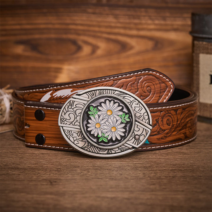White Daisy Daydream Hidden Folding Knife Buckle Leather Belt - White Daisy - Brown Feather Belt - 40 - image 7