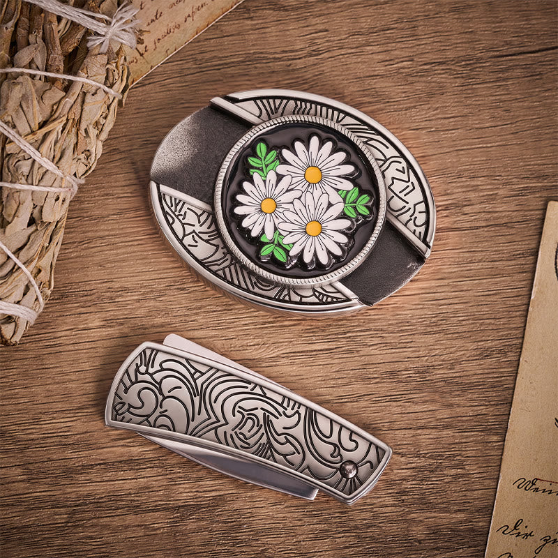 White Daisy Daydream Hidden Folding Knife Buckle Leather Belt - image 10