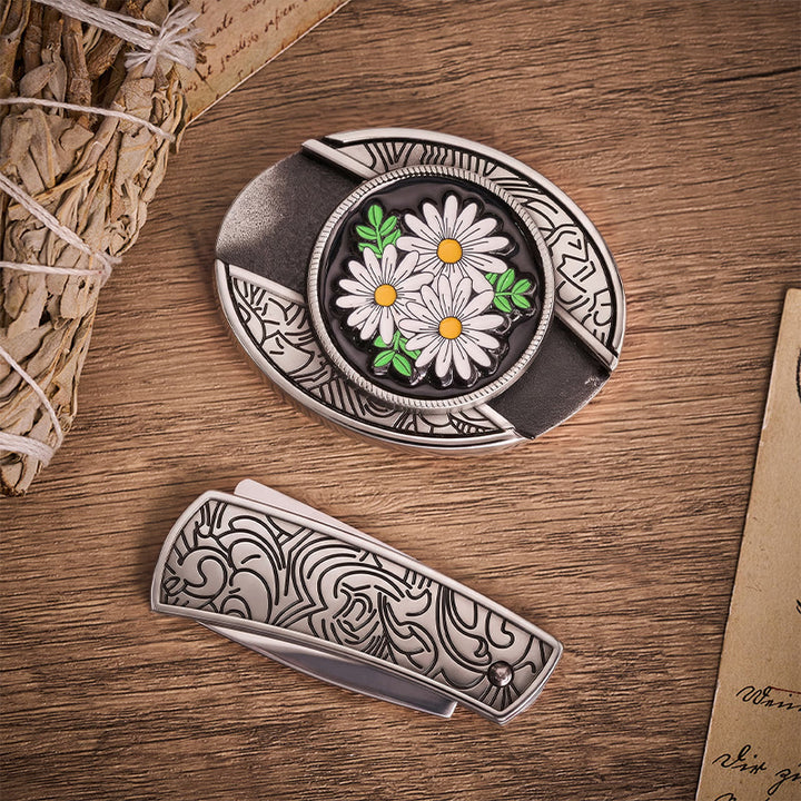 White Daisy Daydream Hidden Folding Knife Buckle Leather Belt - image 10