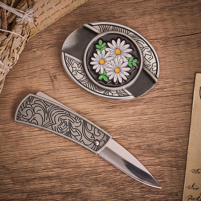 White Daisy Daydream Hidden Folding Knife Buckle Leather Belt - image 1