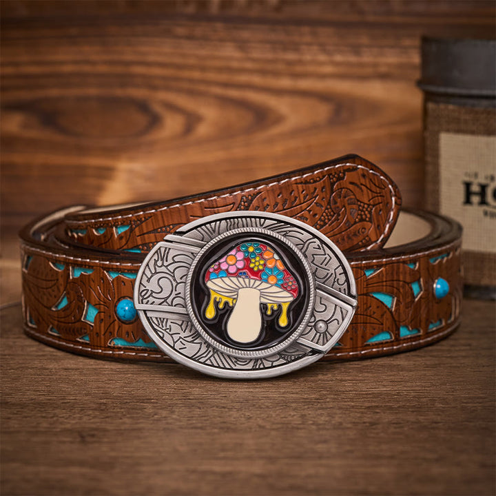 Trippy Drippy Mushroom Hidden Folding Knife Buckle Leather Belt - Drippy Mushroom - Turquoise Carved Belt - 42 - image 3