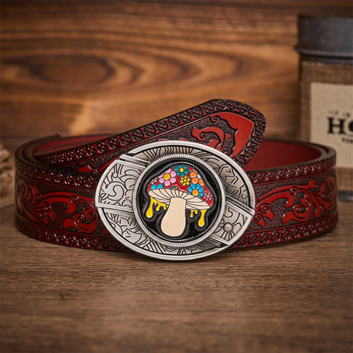 Trippy Drippy Mushroom Hidden Folding Knife Buckle Leather Belt - Drippy Mushroom - Brown Carved Belt - 42 - image 6