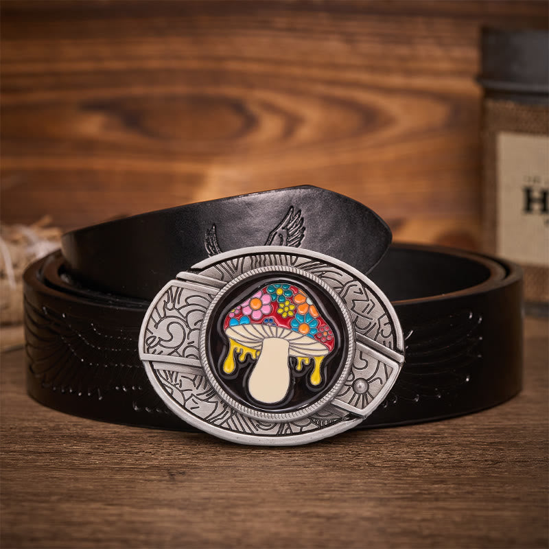 Trippy Drippy Mushroom Hidden Folding Knife Buckle Leather Belt - Drippy Mushroom - Black Embossed Eagle Belt - 42 - image 2