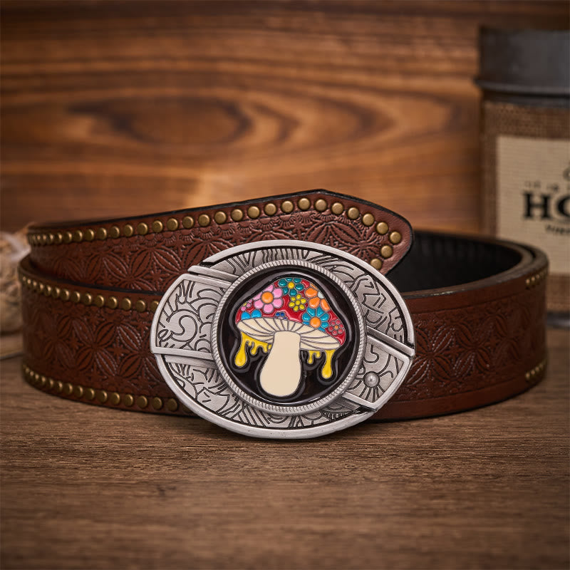 Trippy Drippy Mushroom Hidden Folding Knife Buckle Leather Belt - Drippy Mushroom - Brown Rivet Belt - 42 - image 4
