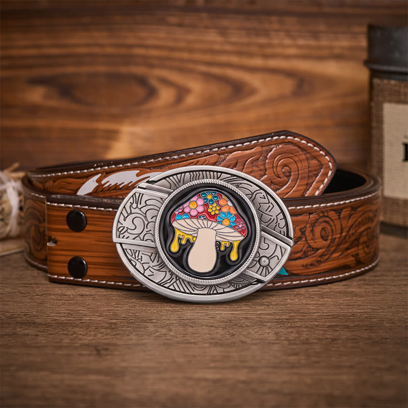 Trippy Drippy Mushroom Hidden Folding Knife Buckle Leather Belt - Drippy Mushroom - Brown Feather Belt - 40 - image 7