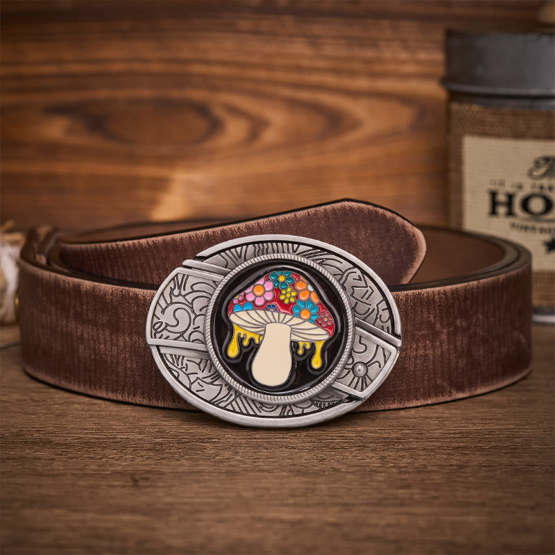 Trippy Drippy Mushroom Hidden Folding Knife Buckle Leather Belt - Drippy Mushroom - Brown Distressed Belt - 42 - image 5