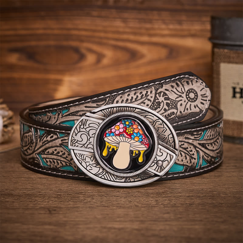 Trippy Drippy Mushroom Hidden Folding Knife Buckle Leather Belt - Drippy Mushroom - Gray Floral Belt - 42 - image 8