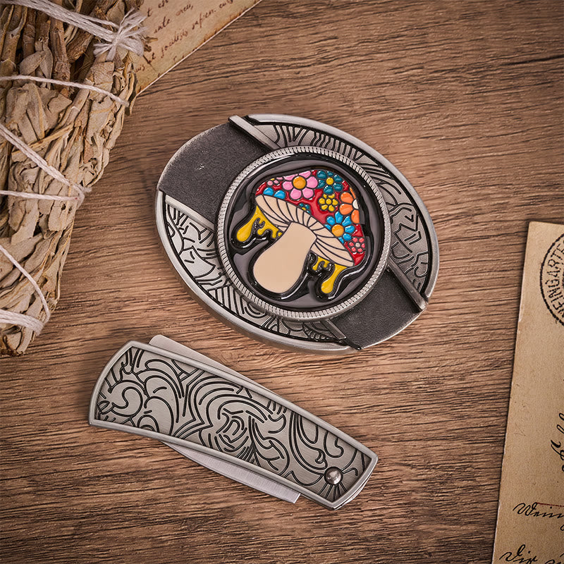 Trippy Drippy Mushroom Hidden Folding Knife Buckle Leather Belt - image 9