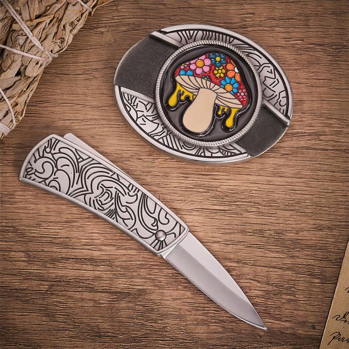 Trippy Drippy Mushroom Hidden Folding Knife Buckle Leather Belt - image 1