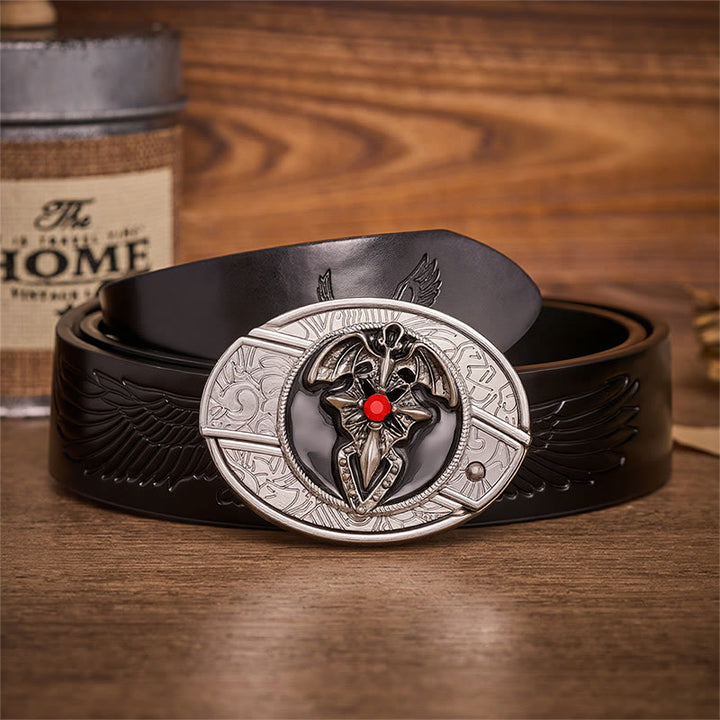 Gothic Dragon Bat Hidden Folding Knife Buckle Leather Belt - Dragon Bat - Black Embossed Eagle Belt - 42 - image 2