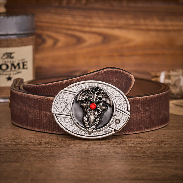 Gothic Dragon Bat Hidden Folding Knife Buckle Leather Belt - Dragon Bat - Brown Distressed Belt - 42 - image 5