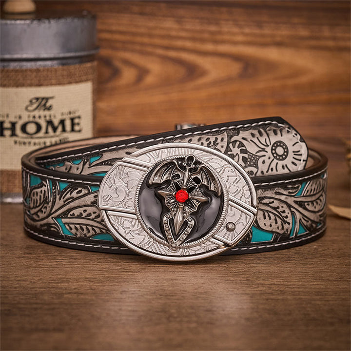 Gothic Dragon Bat Hidden Folding Knife Buckle Leather Belt - Dragon Bat - Gray Floral Belt - 42 - image 8