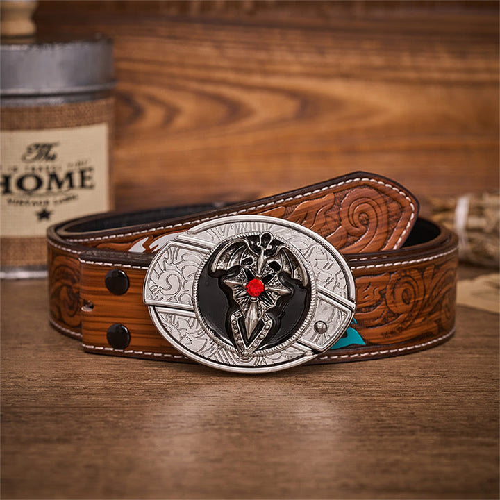 Gothic Dragon Bat Hidden Folding Knife Buckle Leather Belt - Dragon Bat - Brown Feather Belt - 40 - image 7