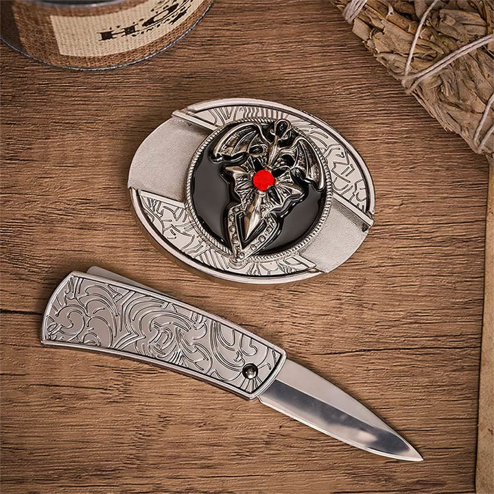 Gothic Dragon Bat Hidden Folding Knife Buckle Leather Belt - image 1