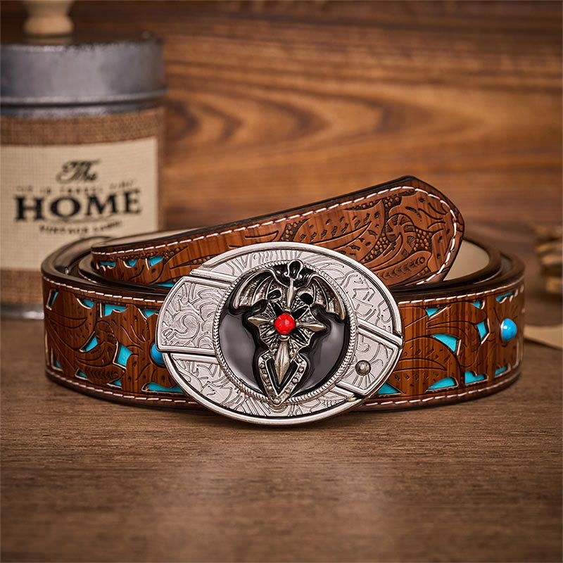 Gothic Dragon Bat Hidden Folding Knife Buckle Leather Belt - Dragon Bat - Turquoise Carved Belt - 42 - image 3