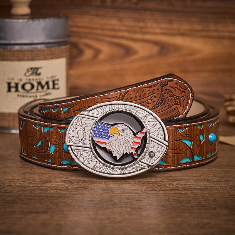 Freedom American Eagle Flag Hidden Folding Knife Buckle Leather Belt - American Eagle Flag - Turquoise Carved Belt - 42 - image 3
