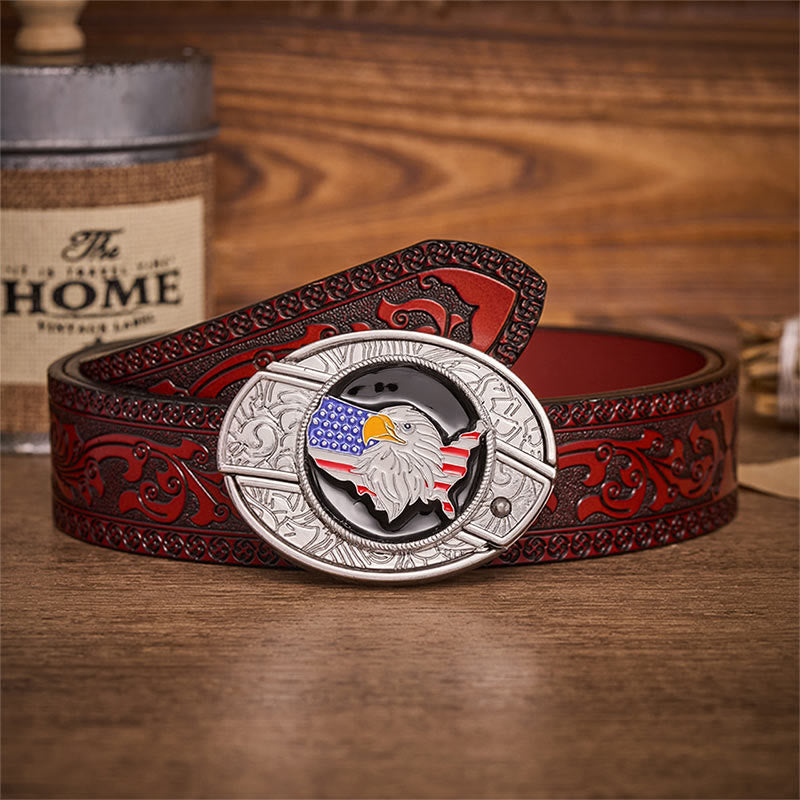 Freedom American Eagle Flag Hidden Folding Knife Buckle Leather Belt - American Eagle Flag - Brown Carved Belt - 42 - image 6