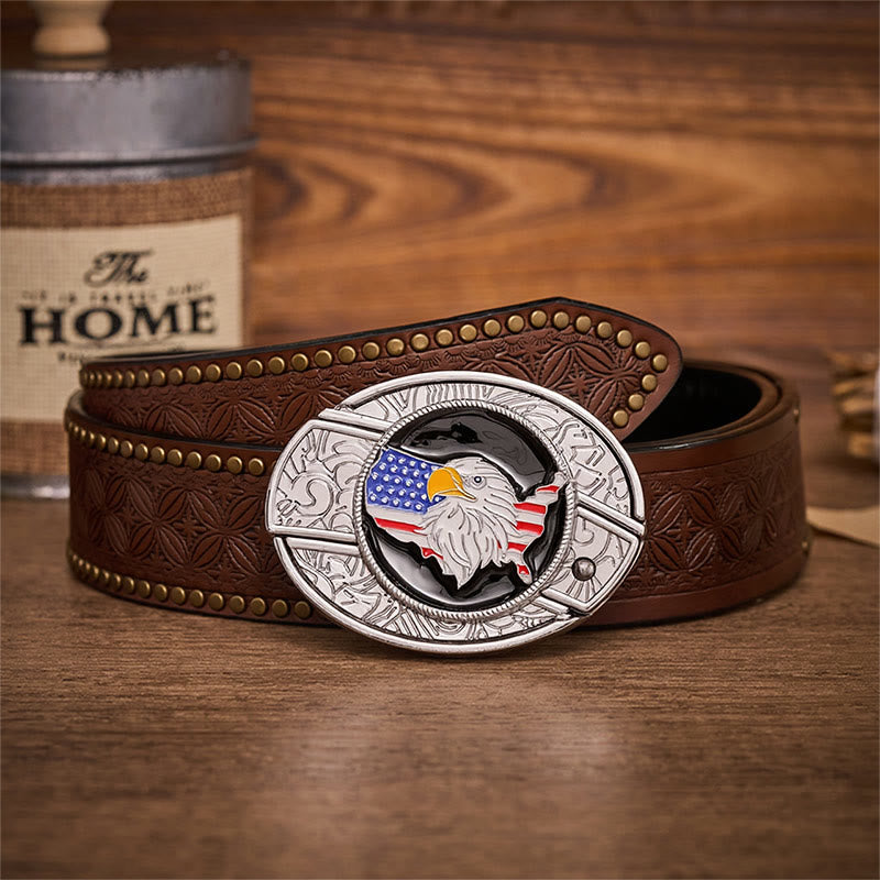 Freedom American Eagle Flag Hidden Folding Knife Buckle Leather Belt - American Eagle Flag - Brown Rivet Belt - 42 - image 4