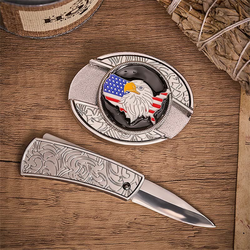 Freedom American Eagle Flag Hidden Folding Knife Buckle Leather Belt - image 1