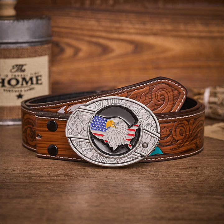 Freedom American Eagle Flag Hidden Folding Knife Buckle Leather Belt - American Eagle Flag - Brown Feather Belt - 40 - image 7