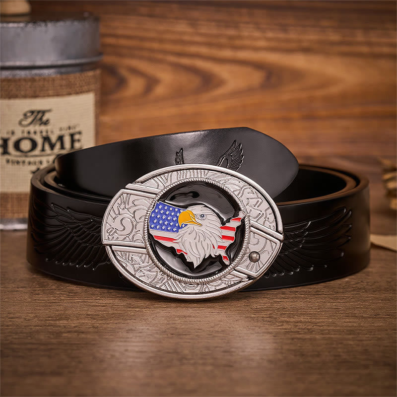 Freedom American Eagle Flag Hidden Folding Knife Buckle Leather Belt - American Eagle Flag - Black Embossed Eagle Belt - 42 - image 2