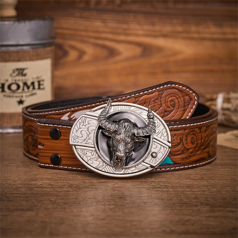 Longhorn Legend Bull Head Hidden Folding Knife Buckle Leather Belt - Longhorn Bull - Brown Feather Belt - 40 - image 7