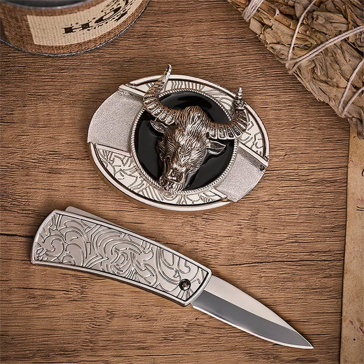 Longhorn Legend Bull Head Hidden Folding Knife Buckle Leather Belt - image 1