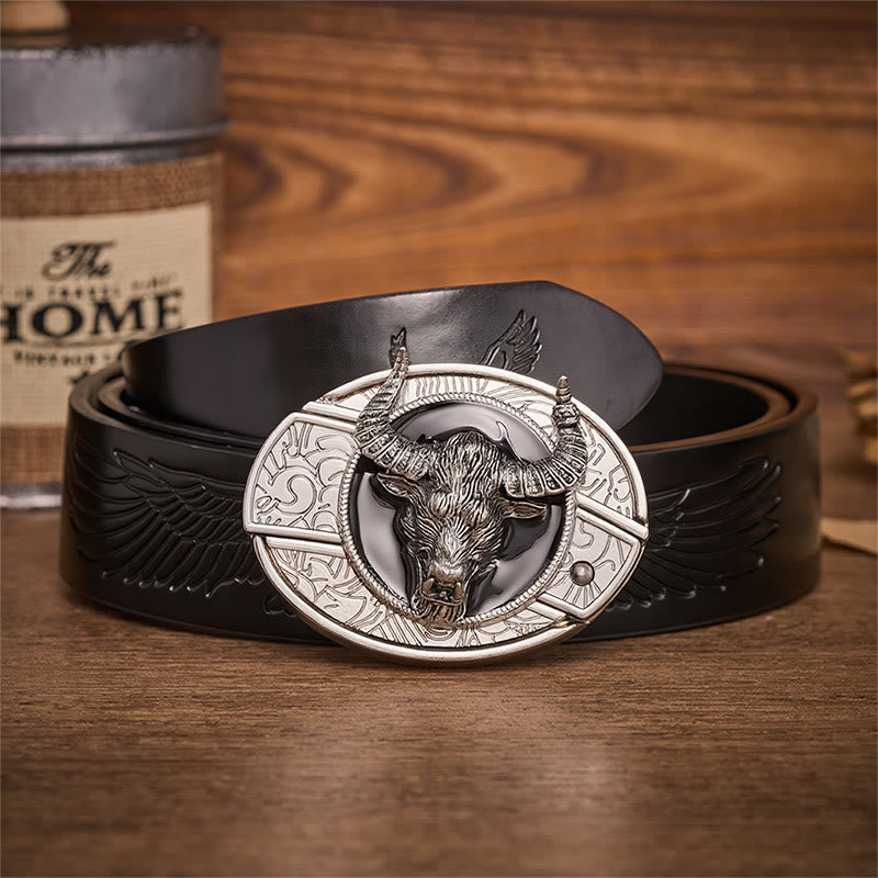 Longhorn Legend Bull Head Hidden Folding Knife Buckle Leather Belt - Longhorn Bull - Black Embossed Eagle Belt - 42 - image 2