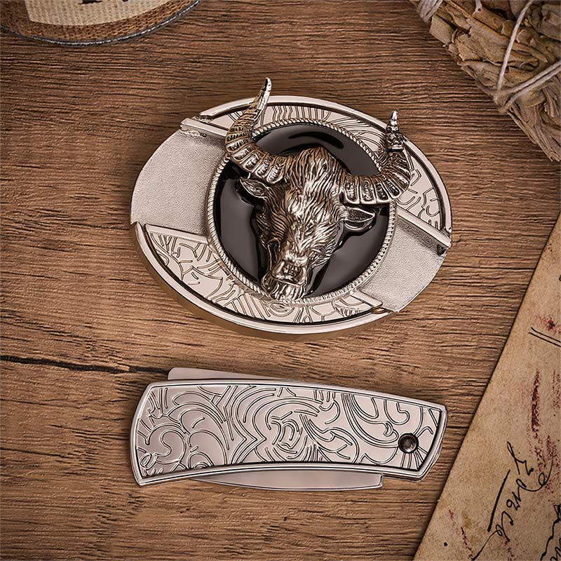 Longhorn Legend Bull Head Hidden Folding Knife Buckle Leather Belt - image 10
