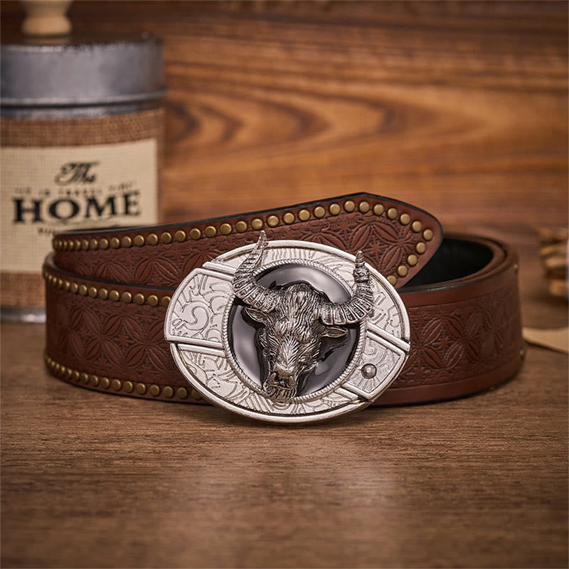 Longhorn Legend Bull Head Hidden Folding Knife Buckle Leather Belt - Longhorn Bull - Brown Rivet Belt - 42 - image 4