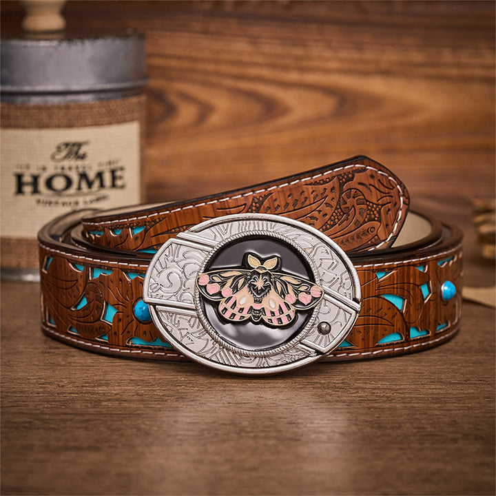 Pink & Gold Mystic Moth Hidden Folding Knife Buckle Leather Belt - Moth - Turquoise Carved Belt - 42 - image 3