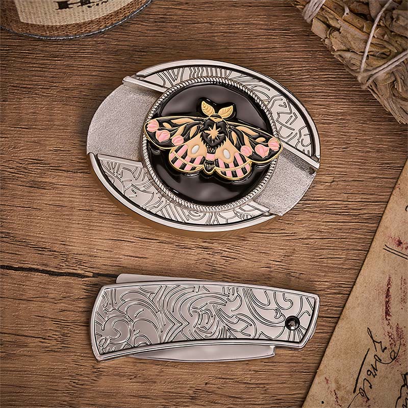 Pink & Gold Mystic Moth Hidden Folding Knife Buckle Leather Belt - image 10