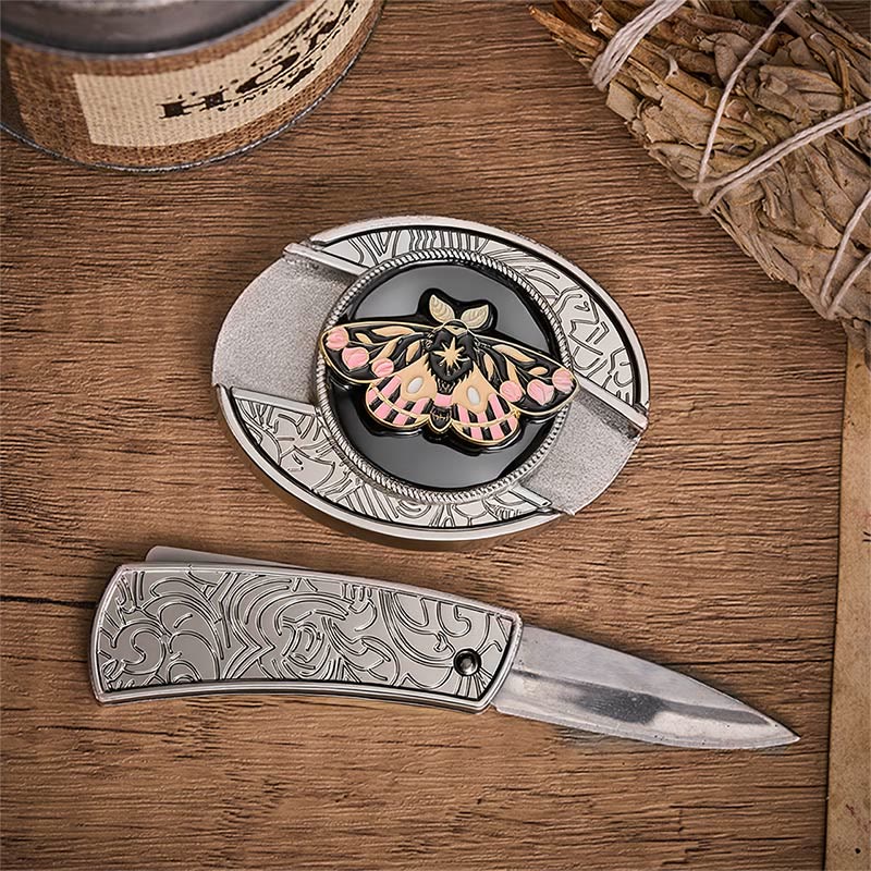 Pink & Gold Mystic Moth Hidden Folding Knife Buckle Leather Belt - image 1