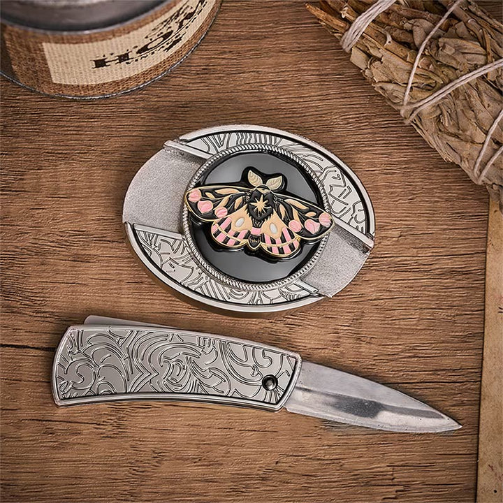 Pink & Gold Mystic Moth Hidden Folding Knife Buckle Leather Belt - image 1