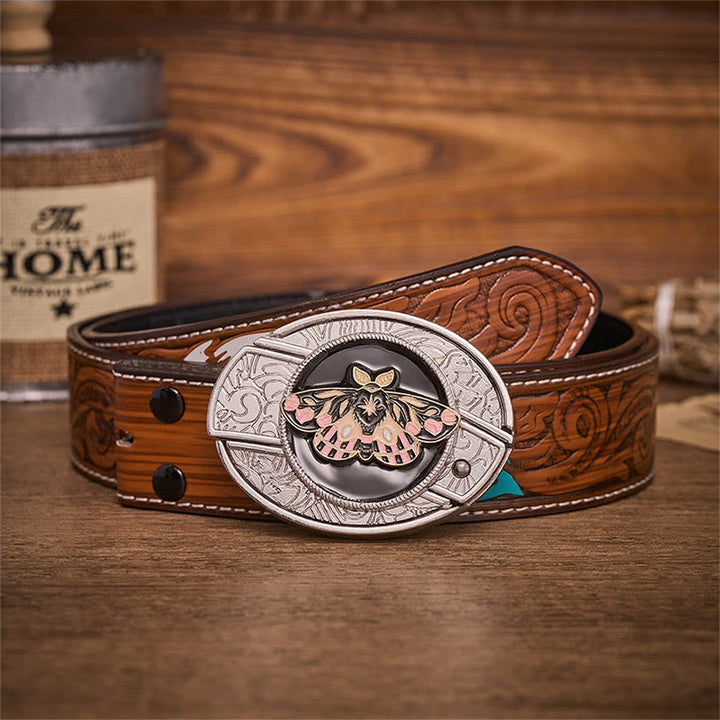 Pink & Gold Mystic Moth Hidden Folding Knife Buckle Leather Belt - Moth - Brown Feather Belt - 40 - image 7