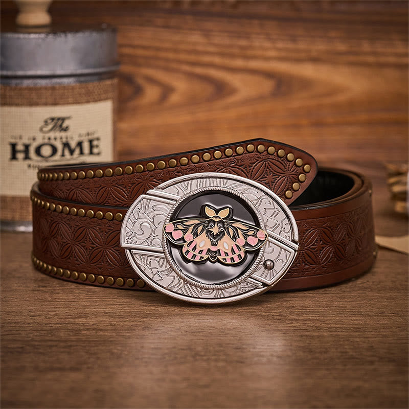 Pink & Gold Mystic Moth Hidden Folding Knife Buckle Leather Belt - Moth - Brown Rivet Belt - 42 - image 4